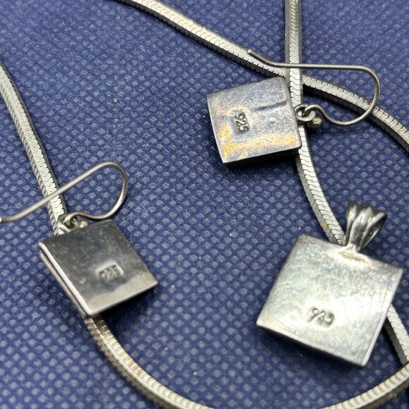 925 Silver Snake Chain + Solid Pendant + Earring Set w/ Scroll Design + Patina - Picture 7 of 8